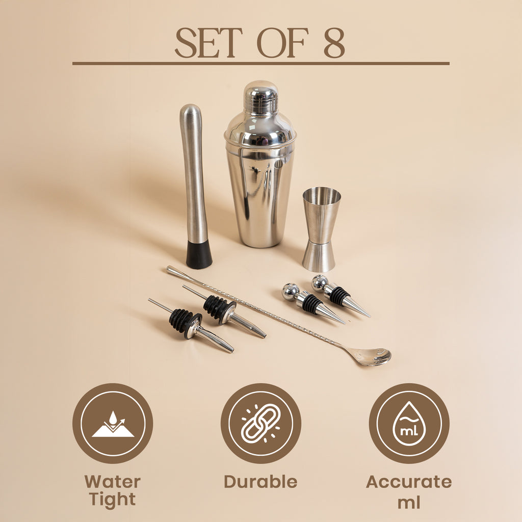8-Piece Premium Stainless Steel Cocktail Shaker Set – Professional Bar Tool Kit with Muddler, Jigger, Bar Spoon, Liquor Pourers, and Bottle Stopper – Home Bartender Essentials