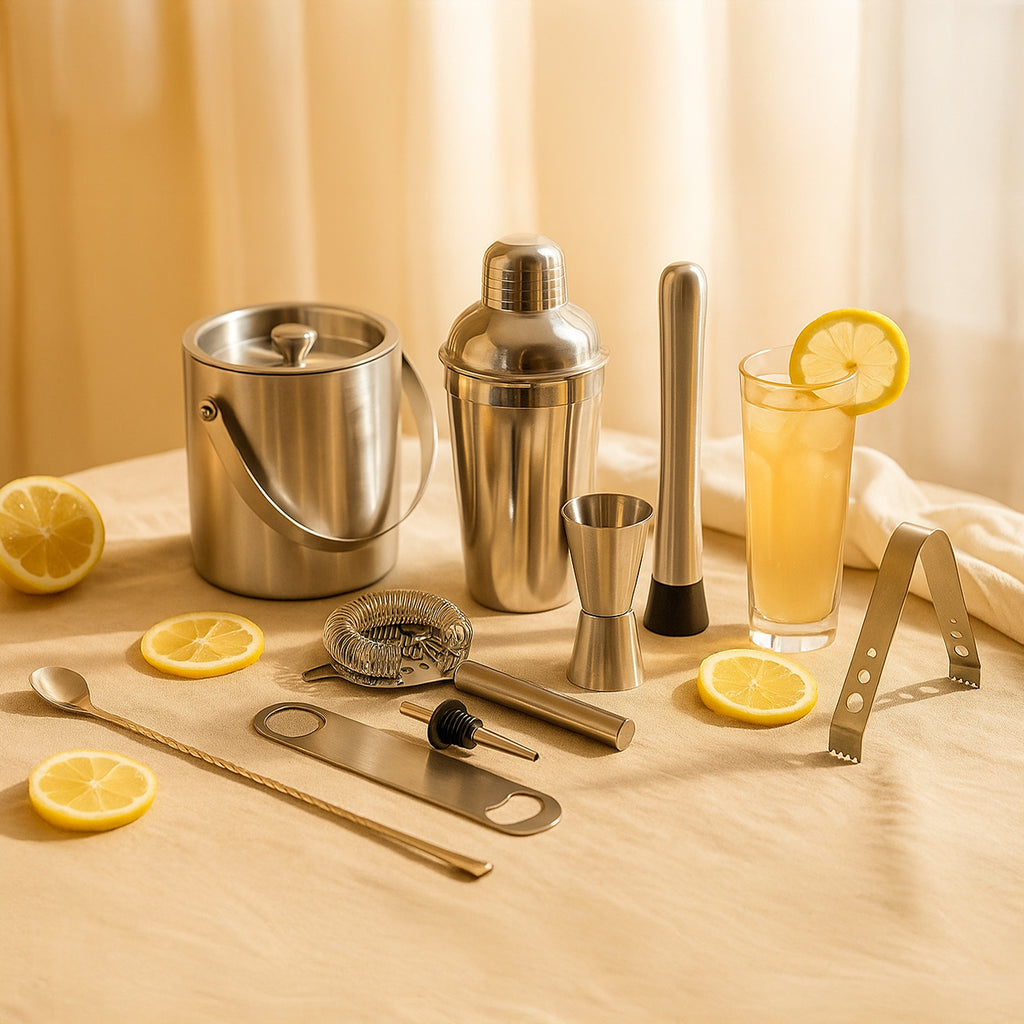 9 Piece Stainless Steel Bar Tool Set  with Ice Bucket – Complete Cocktail Mixing Kit