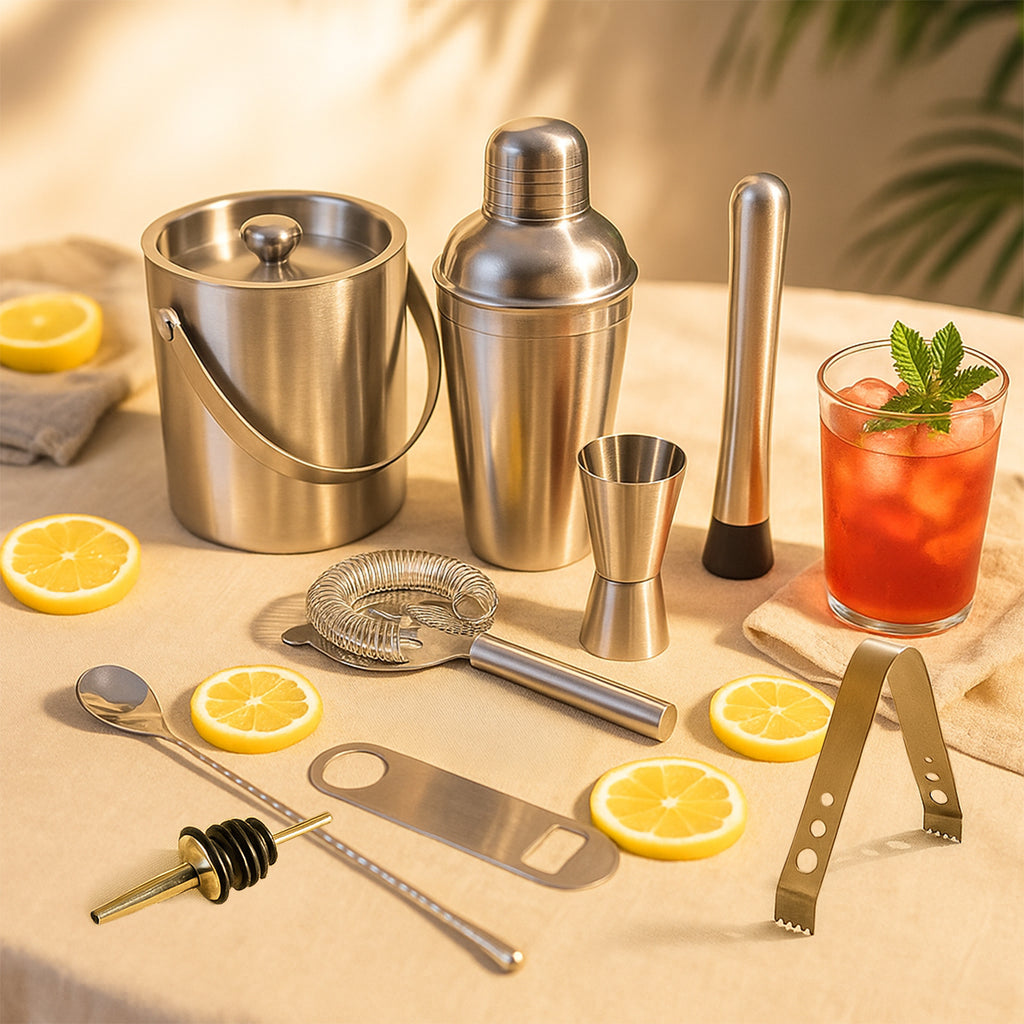 9 Piece Stainless Steel Bar Tool Set  with Ice Bucket – Complete Cocktail Mixing Kit