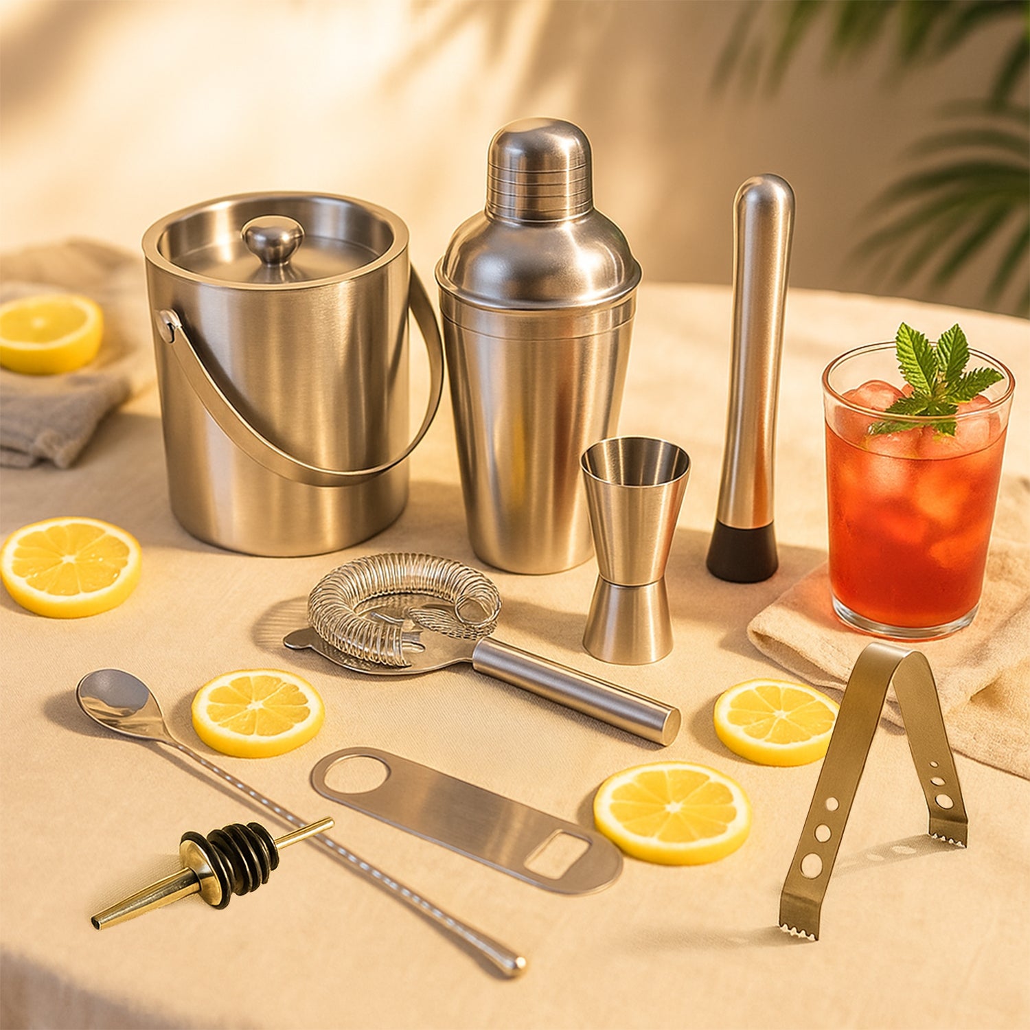 9 Piece Stainless Steel Bar Tool Set  with Ice Bucket – Complete Cocktail Mixing Kit