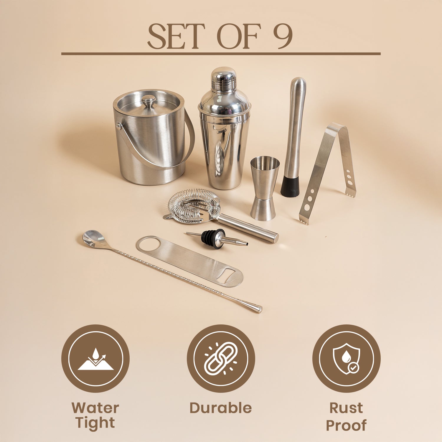 9 Piece Stainless Steel Bar Tool Set  with Ice Bucket – Complete Cocktail Mixing Kit