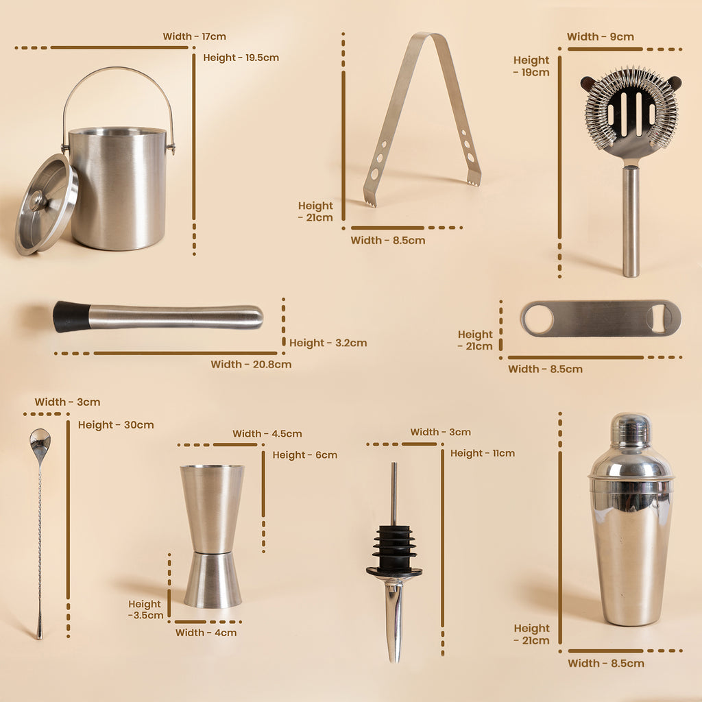 9 Piece Stainless Steel Bar Tool Set  with Ice Bucket – Complete Cocktail Mixing Kit