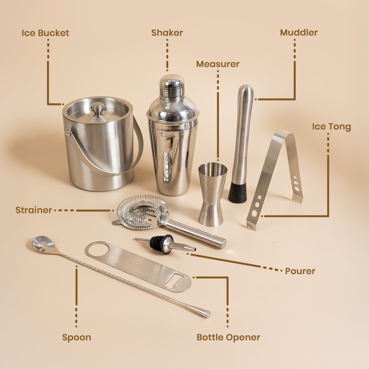 9 Piece Stainless Steel Bar Tool Set  with Ice Bucket – Complete Cocktail Mixing Kit