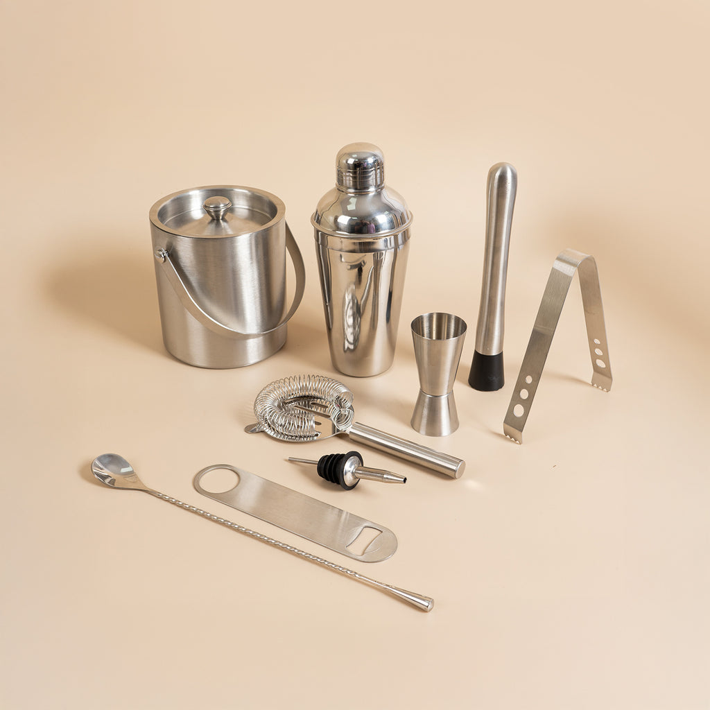 9 Piece Stainless Steel Bar Tool Set  with Ice Bucket – Complete Cocktail Mixing Kit