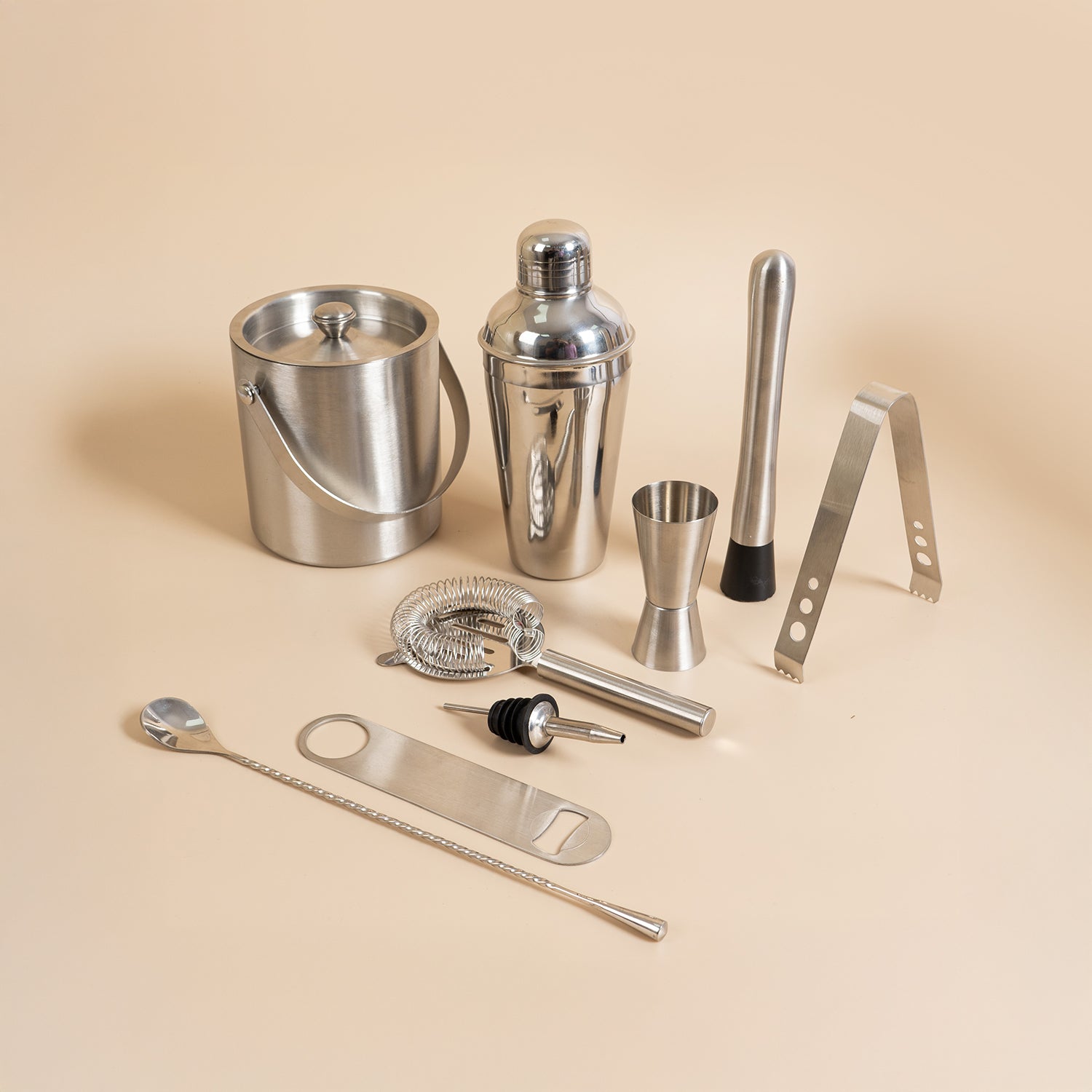 9 Piece Stainless Steel Bar Tool Set  with Ice Bucket – Complete Cocktail Mixing Kit