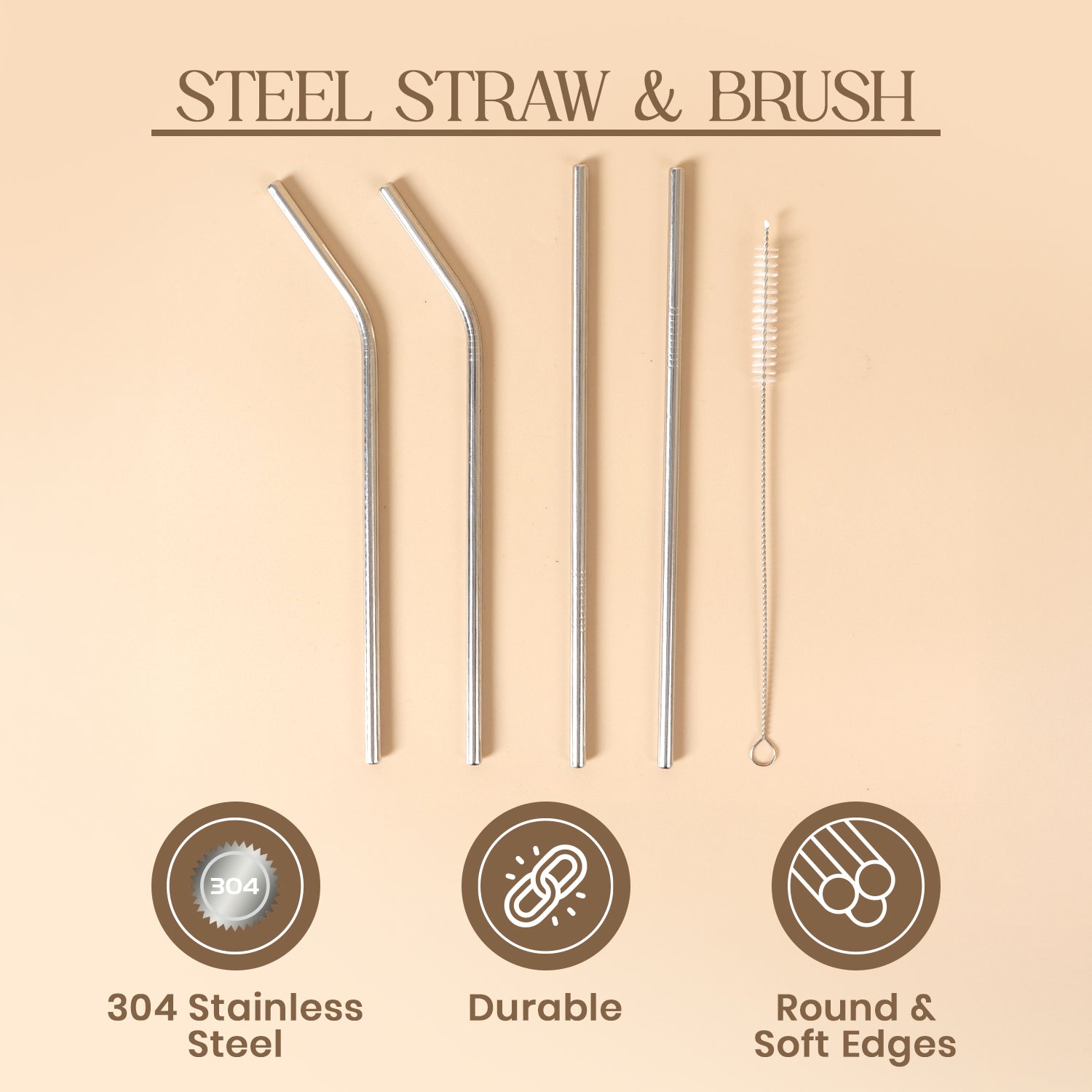 5-Piece 304 Stainless Steel Reusable Straw Set with Cleaning Brush 5