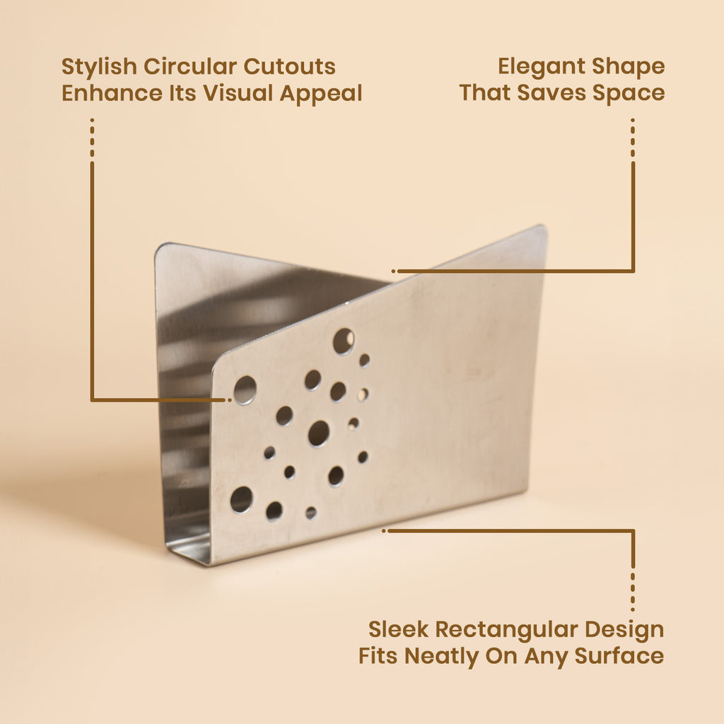 Premium 304 Stainless Steel Tissue Holder with Stylish Circular Cutouts – Elegant Rectangular Napkin Stand for Kitchen, Dining Table & Cafe Countertops 6