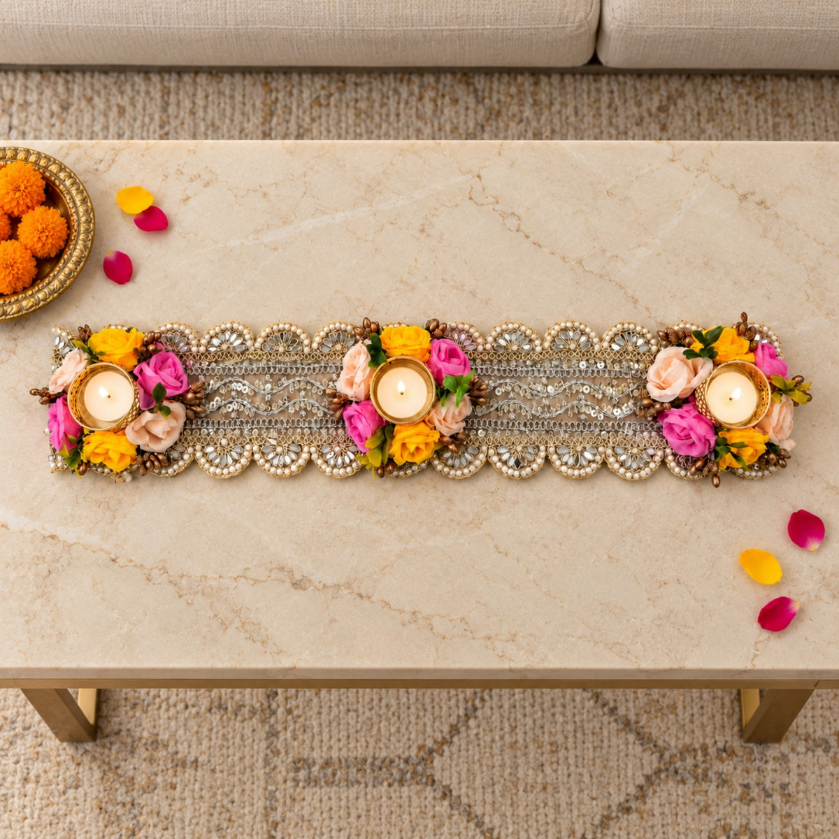 Multi-Color Floral Tealight Candle Holder Table Runner – 50 cm Handcrafted Diya Stand with Mirror & Pearl Work for Home & Festive Decor