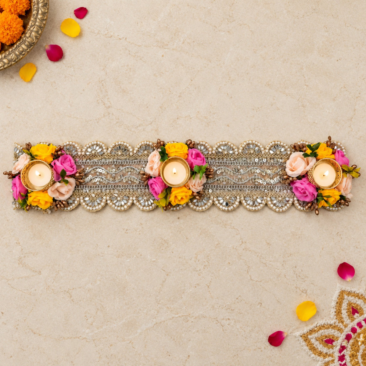 Multi-Color Floral Tealight Candle Holder Table Runner – 50 cm Handcrafted Diya Stand with Mirror & Pearl Work for Home & Festive Decor