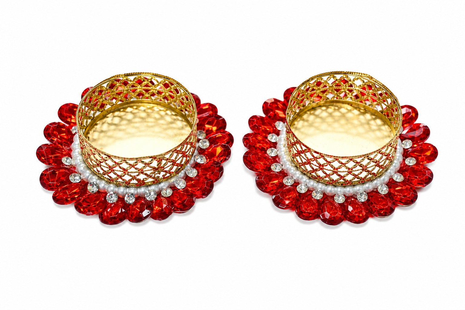 Decor Golden Metal Tealight Candle Holders with Stone and Pearl Embellishments, Decorative Diya for Diwali, Pooja Mandir, Home Decor, and Festival Gifting