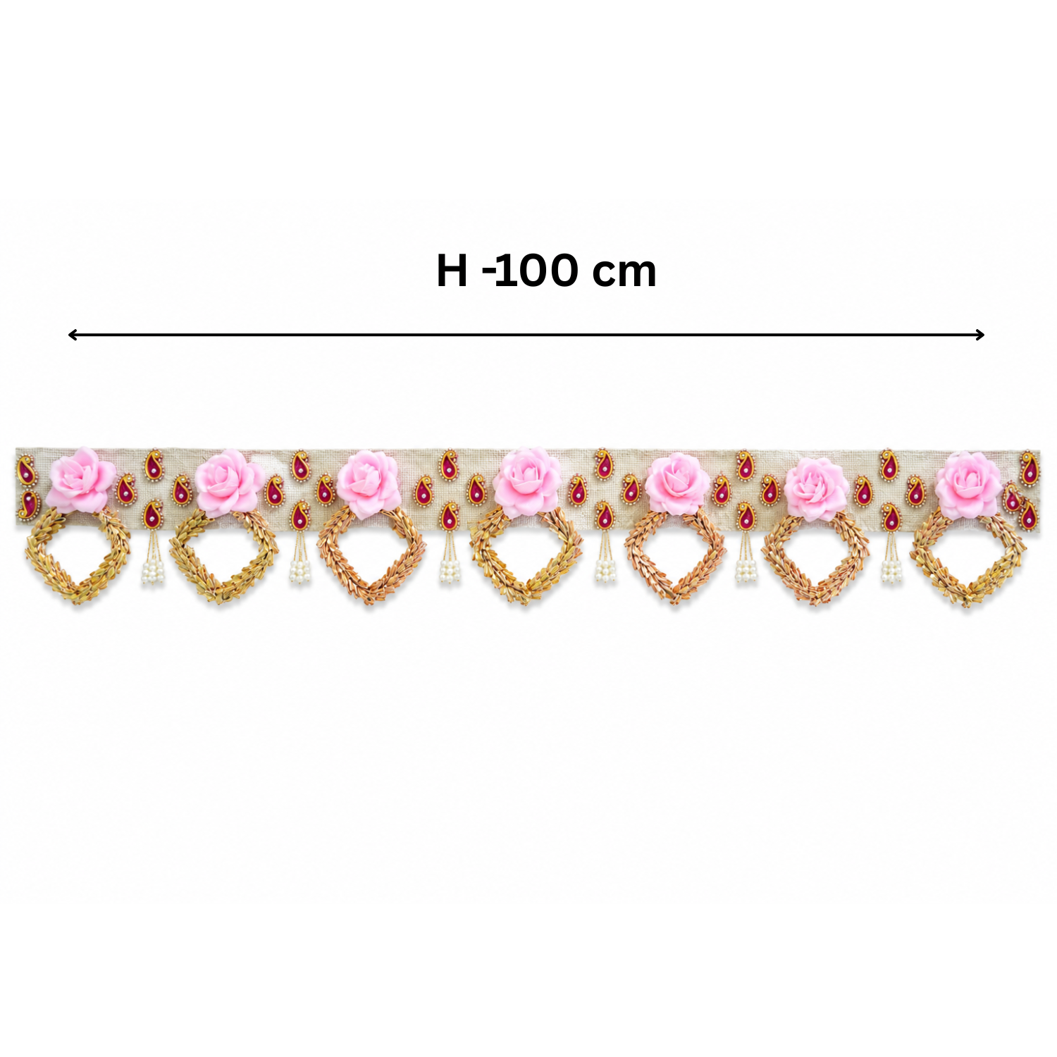 Handmade Decorative Door Toran - 100 cm Traditional Bandhanwar with Pink Floral Accents, Pearl Tassels, and Stone Work for Main Entrance, Pooja Room, and Festive Home Decor