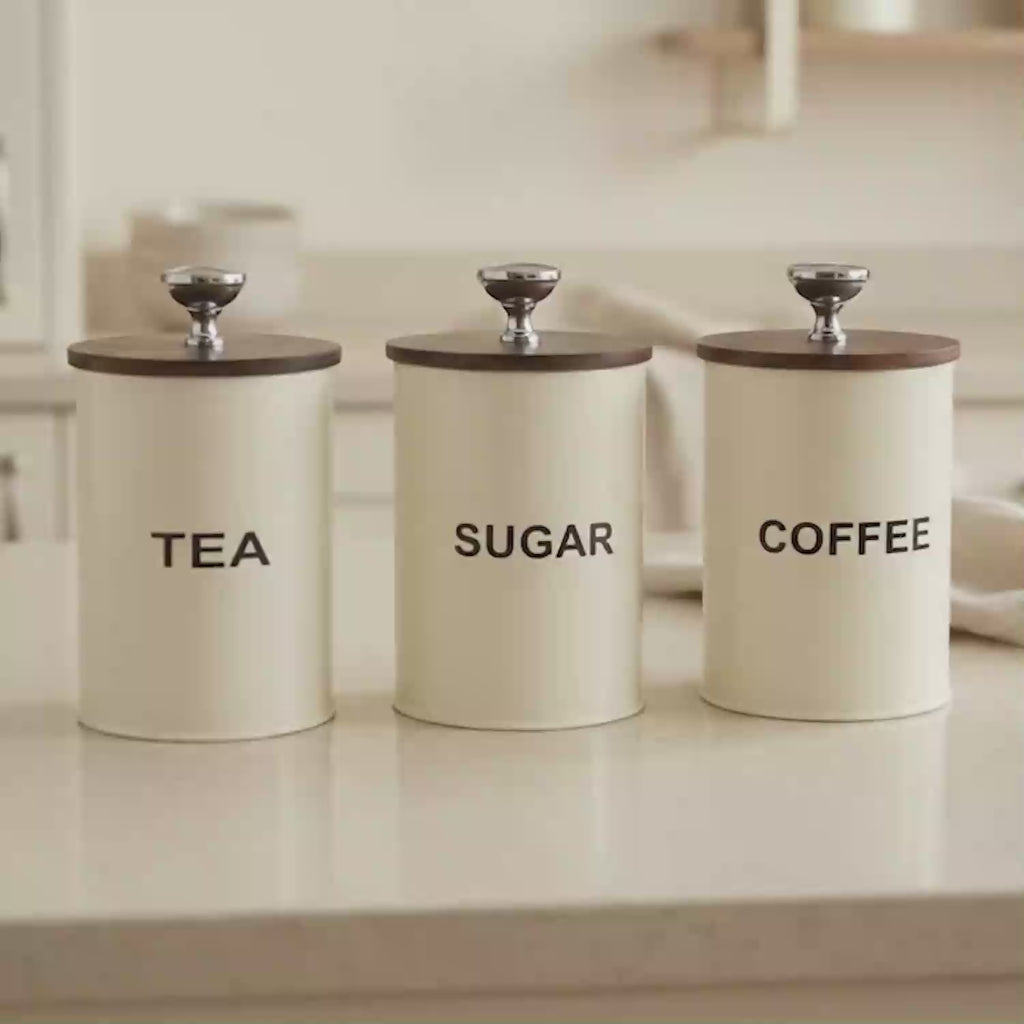 Tea Sugar and Coffee Jar Container With Airtight Wooden Lids Set of 3 For Kitchen (White)