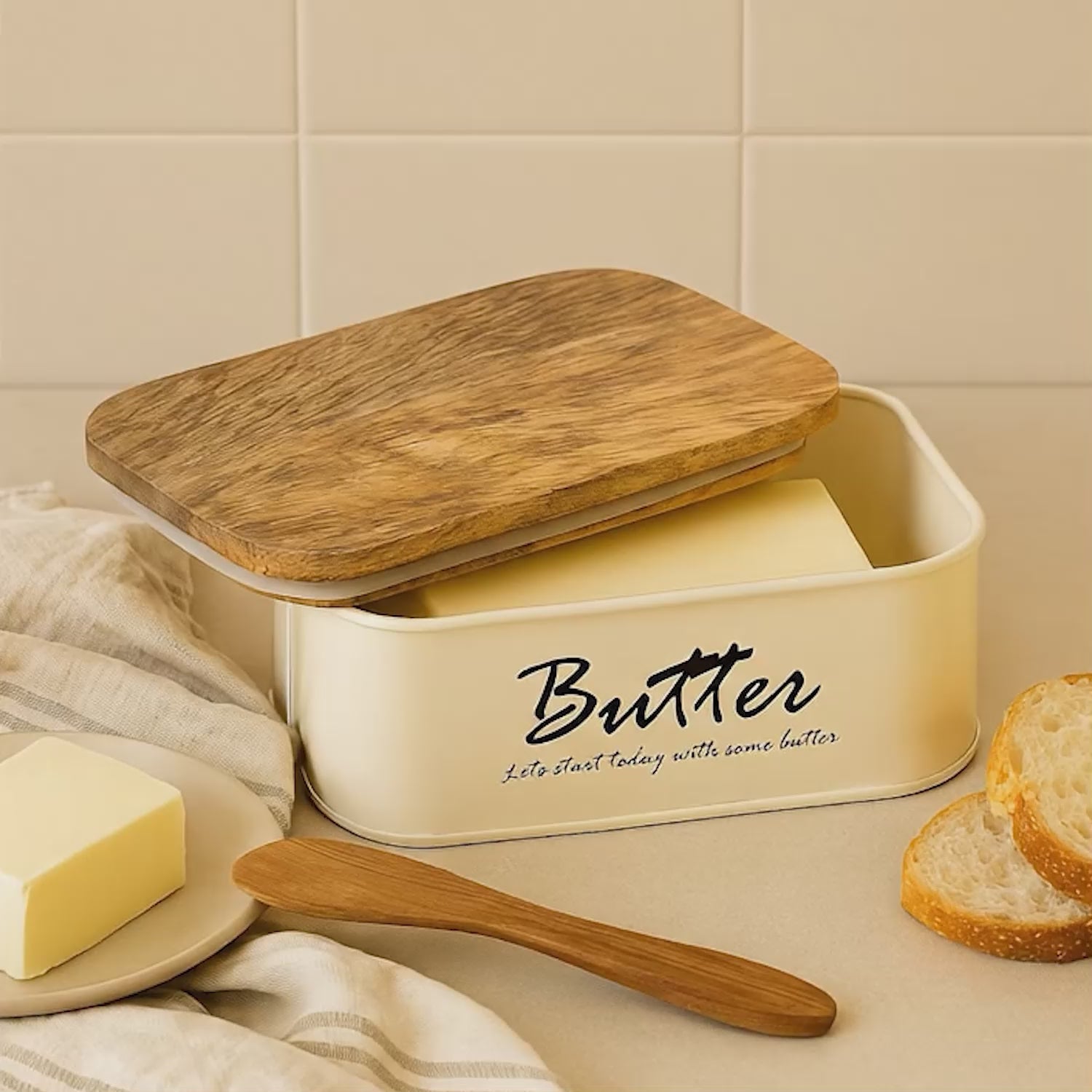 Butter Dish With Airtight Wooden Lid For Kitchen (White)