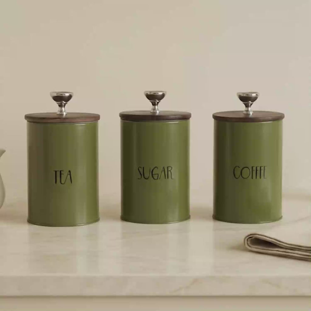 Tea-Suger and Coffee Jar Container Set of 3 With Air Tight Wood Lid For Kitchen (Green)