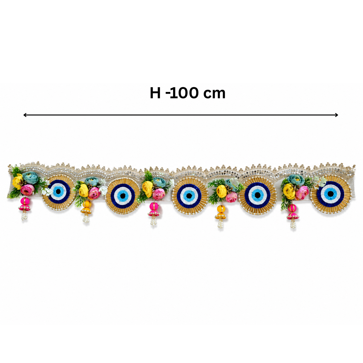 Handmade Decorative Evil Eye Door Toran - 100 cm Traditional Bandhanwar with Floral Accents, Colorful Tassels, and Mirror Work for Main Entrance, Pooja Room & Festive Home Decor